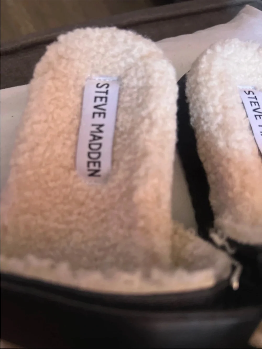 Steve Madden Black Leather Slides with Cream Shearling Lining